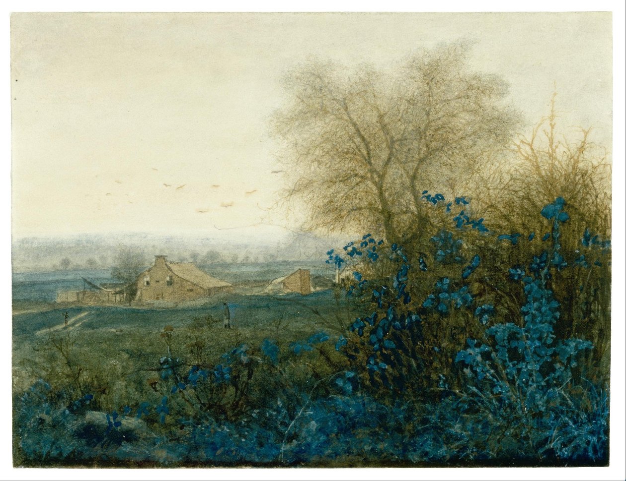 Paysage avec une ferme et un paysan tirant une brouette - Léon Bonvin