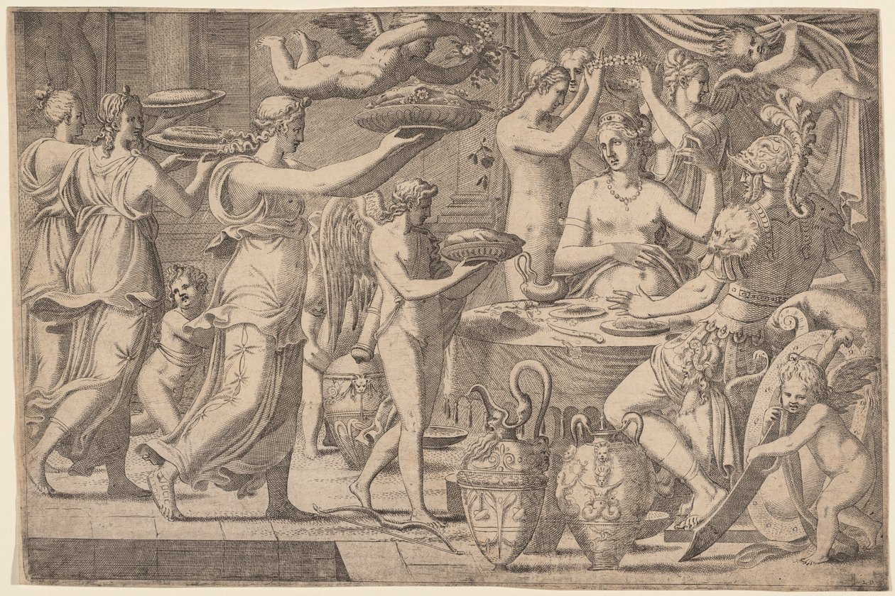 Vénus et Mars servis par Cupidon et les Trois Grâces - Léon Davent, after Luca Penni