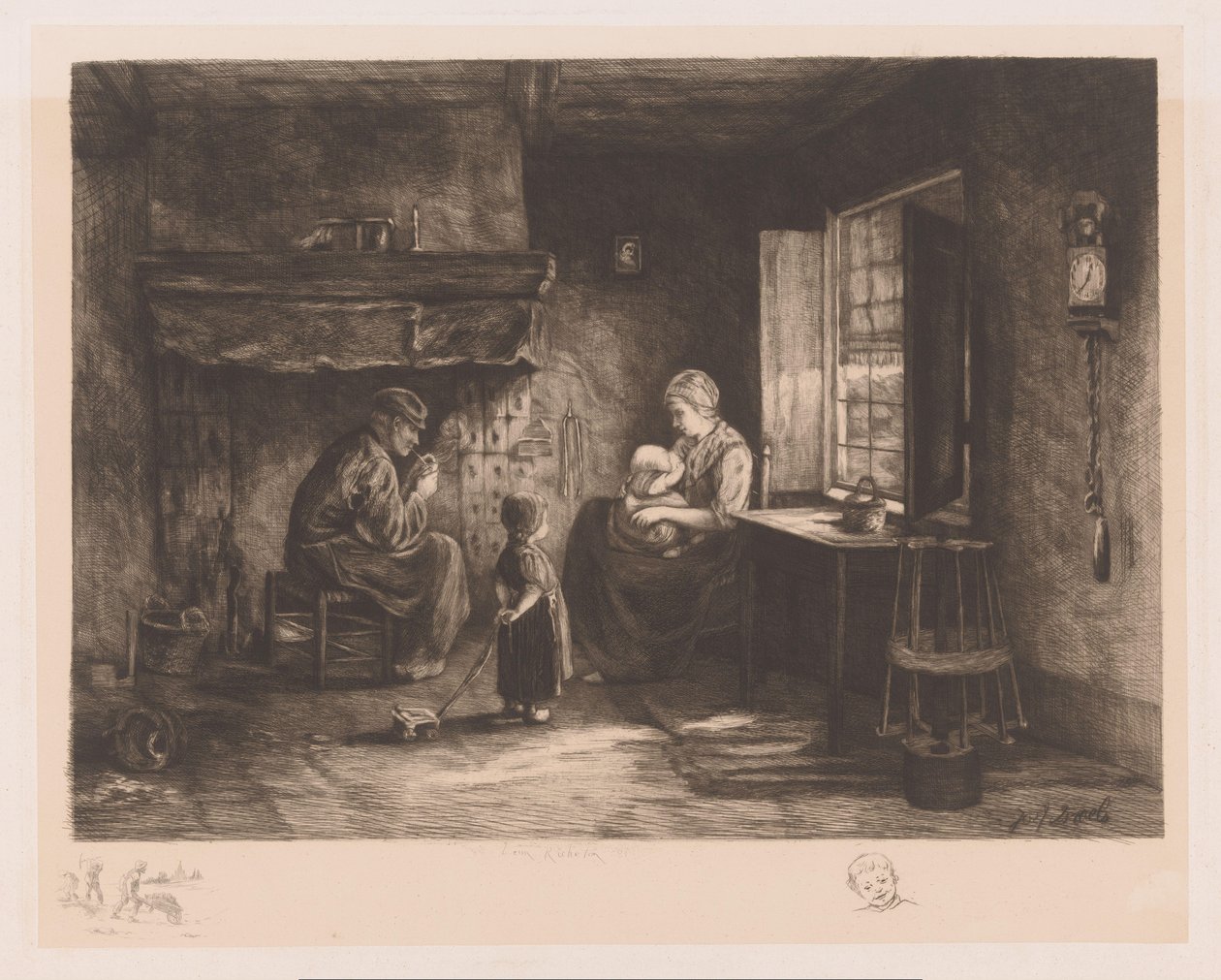 Intérieur de cabane de pêcheur avec un homme, une femme et deux enfants - Léon Richeton