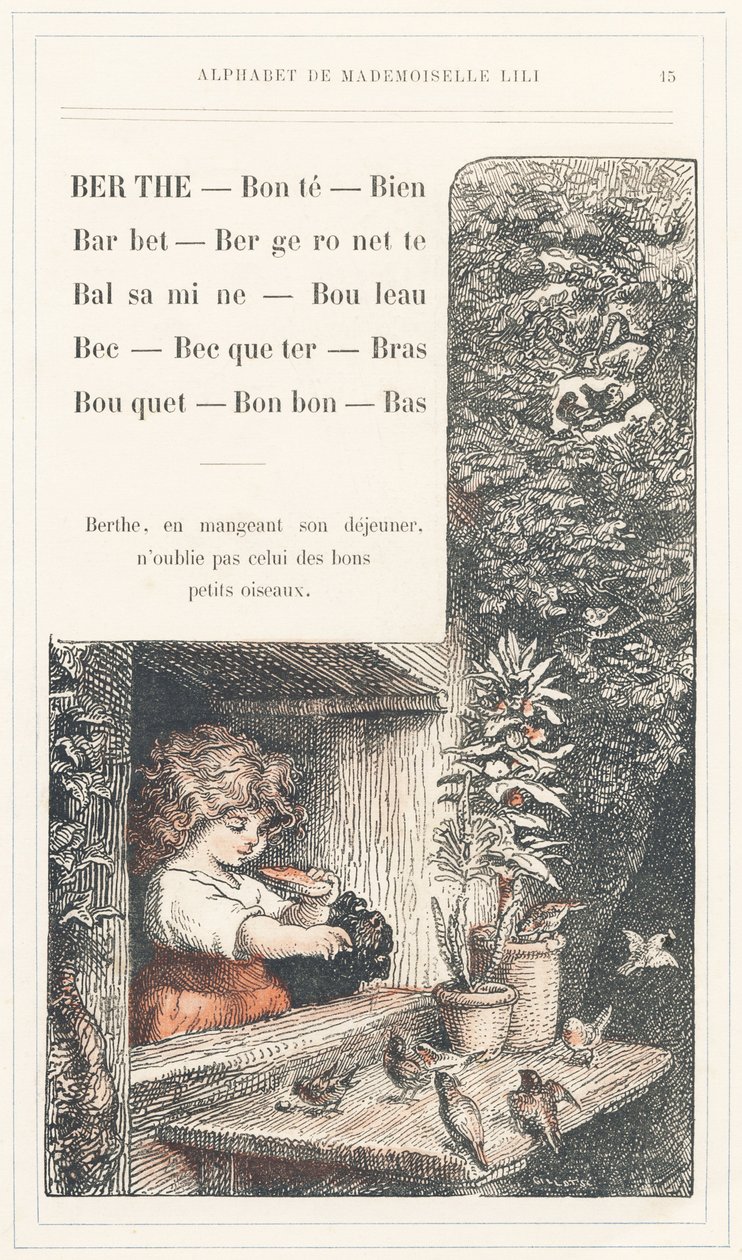 Berthe, Bonté, Puits, Barbet, Bergeronnette, Balsamine, Bouleau, Bec, Becqueter, Bras, Bouquet, Bonbon, Bas, page 15 - Alphabet par Mademoiselle Lili, par L. Froelich et par un père (Hetzel lui-même). Bibliothèque & Magasin d