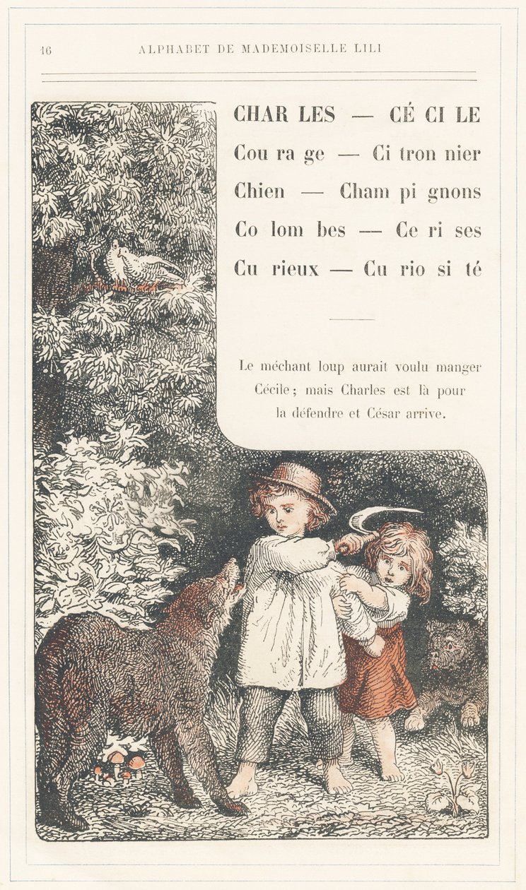 Charles, Cécile, Courage, Citronnier, Chien, Champignons, Colombes, Cerises, Curieux, Curiosité, page 16 - Alphabet par Mademoiselle Lili, par L. Froelich et par un papa (Hetzel lui-même). Bibliothèque & Magasin d