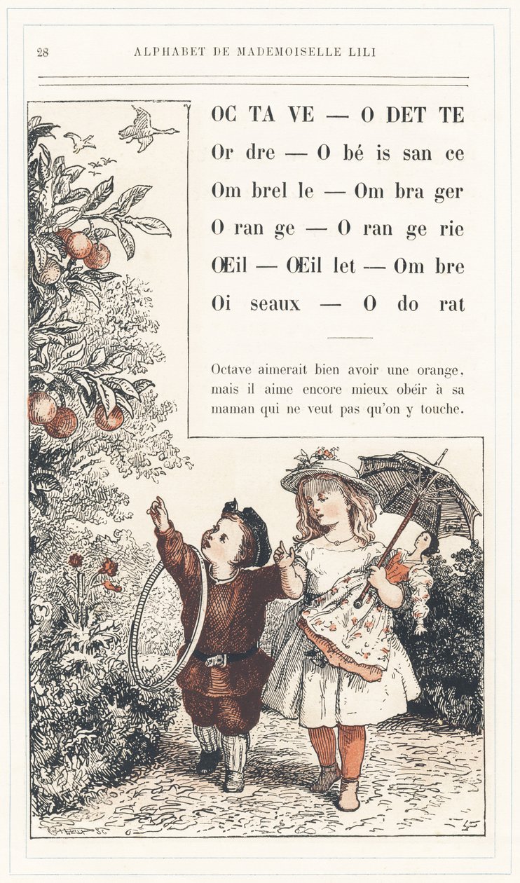 Octave, Odette, Ordre, Obéissance, Parapluie, Ombre, Orange, Orangerie, Œil, Œillet, Ombre, Oiseaux, Odeur, page 28 - Alphabet de Mademoiselle Lili, par L. Froelich et par un papa (Hetzel lui-même). Bibliothèque & Magasin d