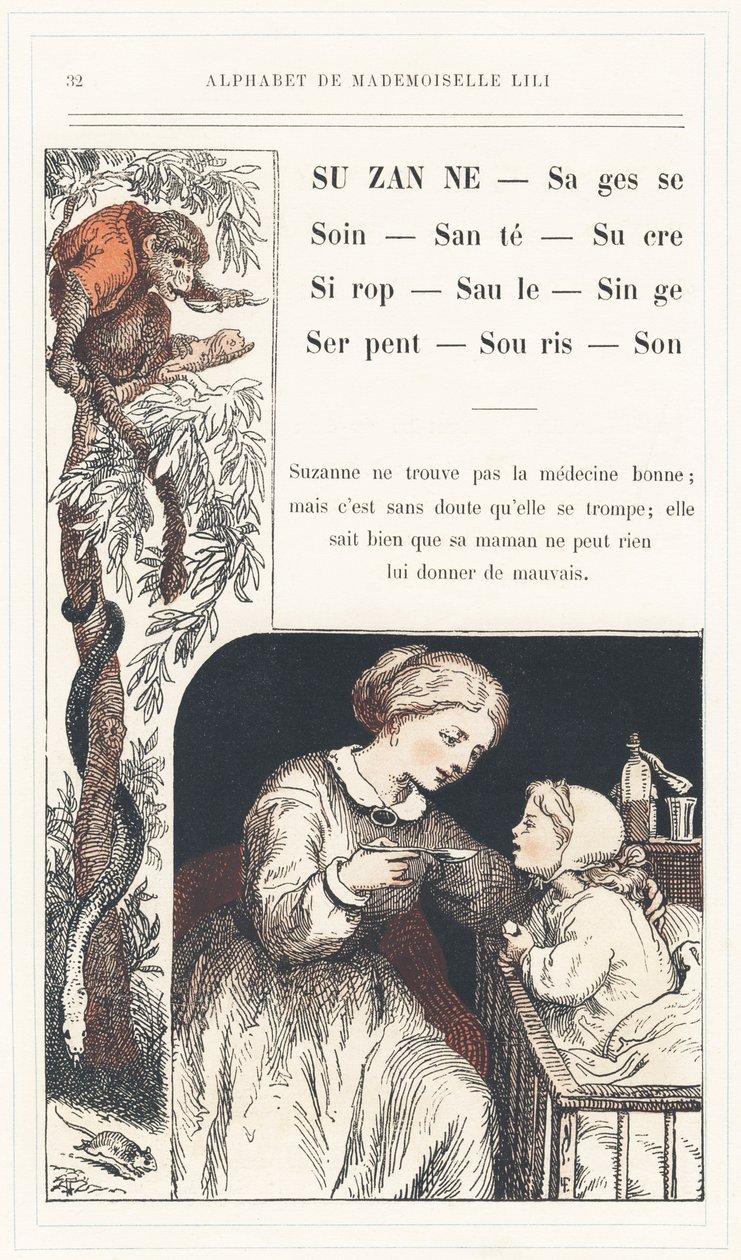 Suzanne, Sagesse, Soin, Santé, Sucre, Sirop, Saule, Singe, Serpent, Souris, Son, page 32 - Alphabet par Mademoiselle Lili, par L. Froelich et par un papa (Hetzel lui-même). Bibliothèque & Magasin d