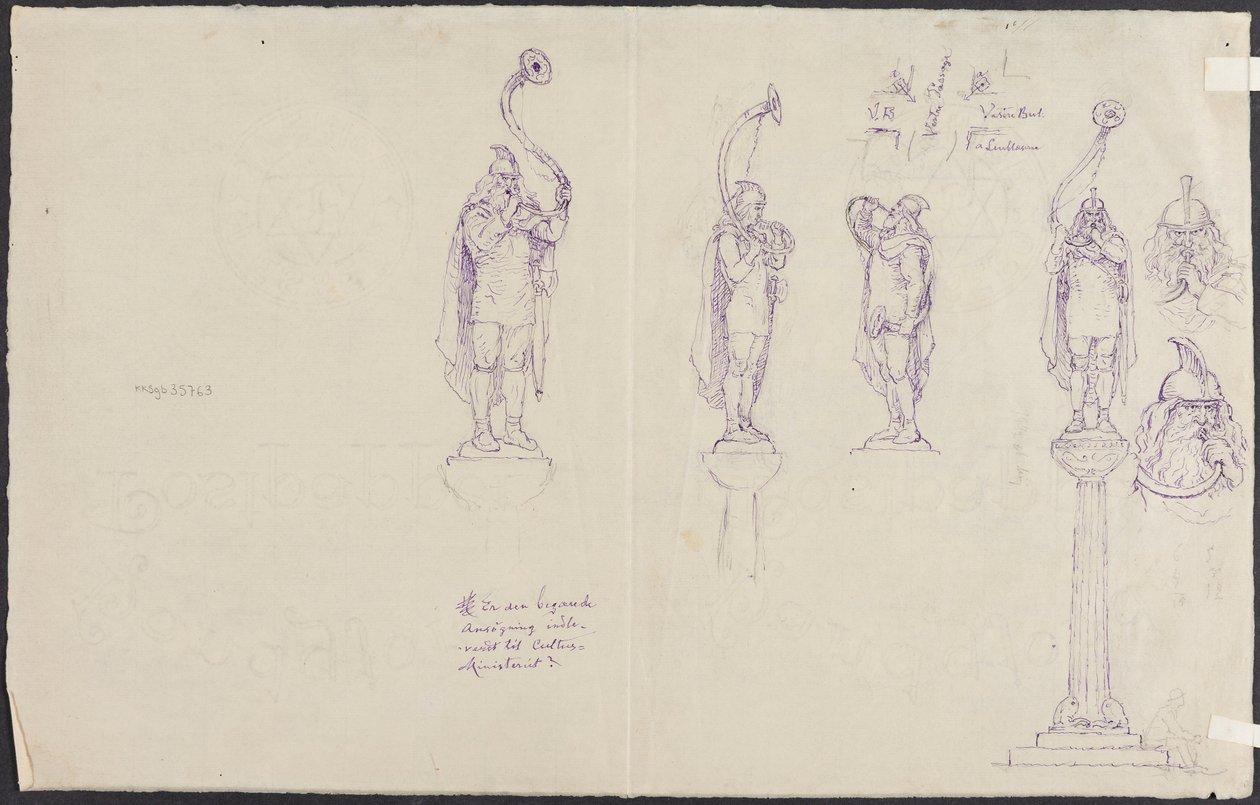 Quatre joueurs de lur, un carrefour et des têtes de joueurs de lur - Lorenz Frølich