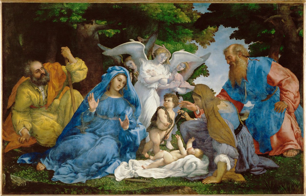 La Sainte Famille avec trois anges, le jeune Saint Jean ... - Lorenzo (workshop of) Lotto