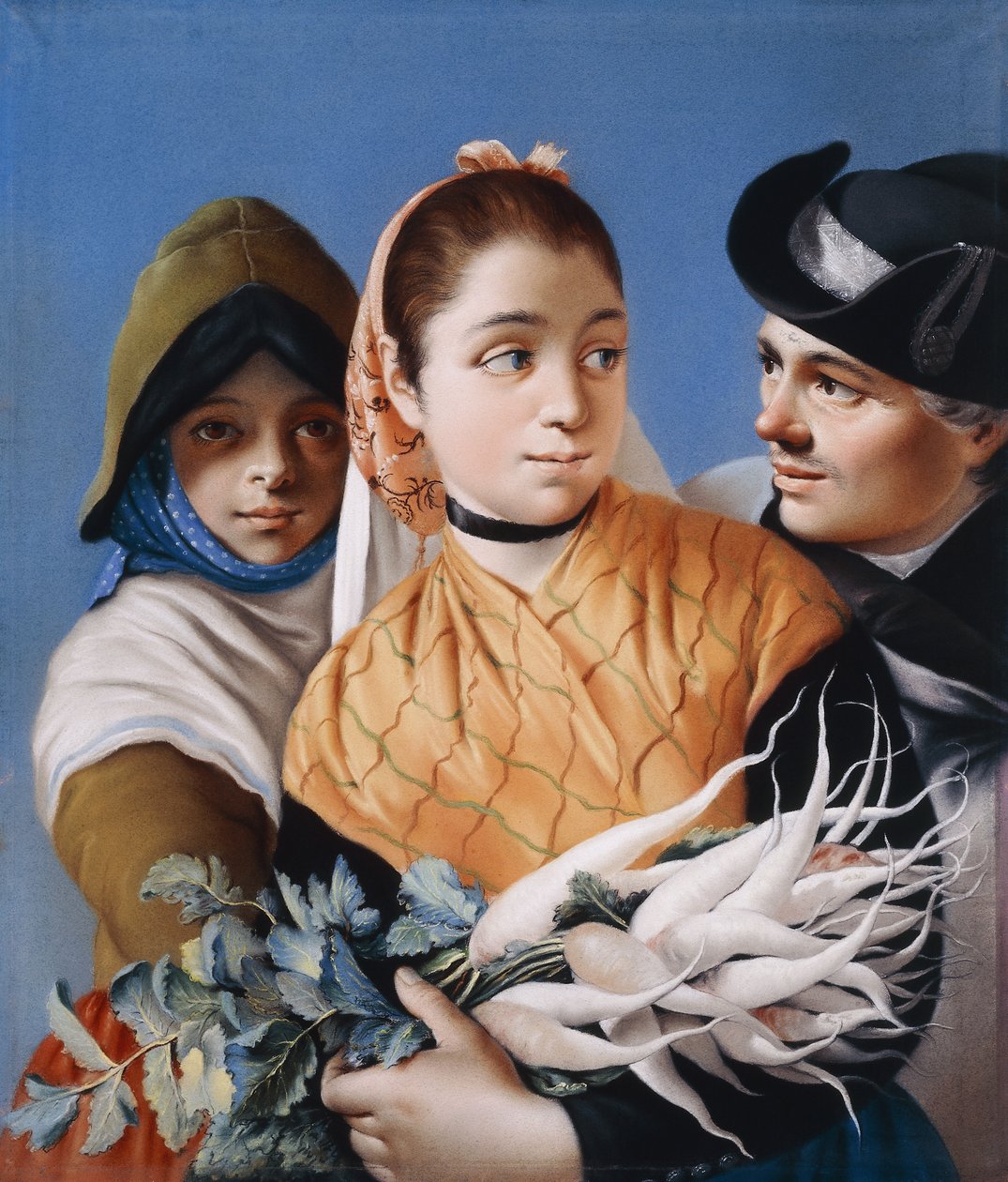 Une fille en châle orange tenant des navets, une fille en bonnet et robe verts et un gentleman en chapeau tricorne noir - Lorenzo Baldissera Tiepolo