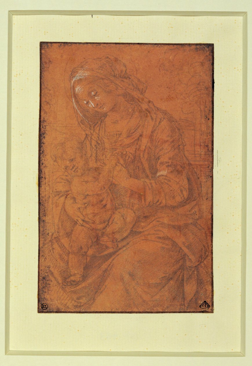 Madone. Plume argentée, rehaussée de blanc sur papier rose saumon ... - Lorenzo di Credi