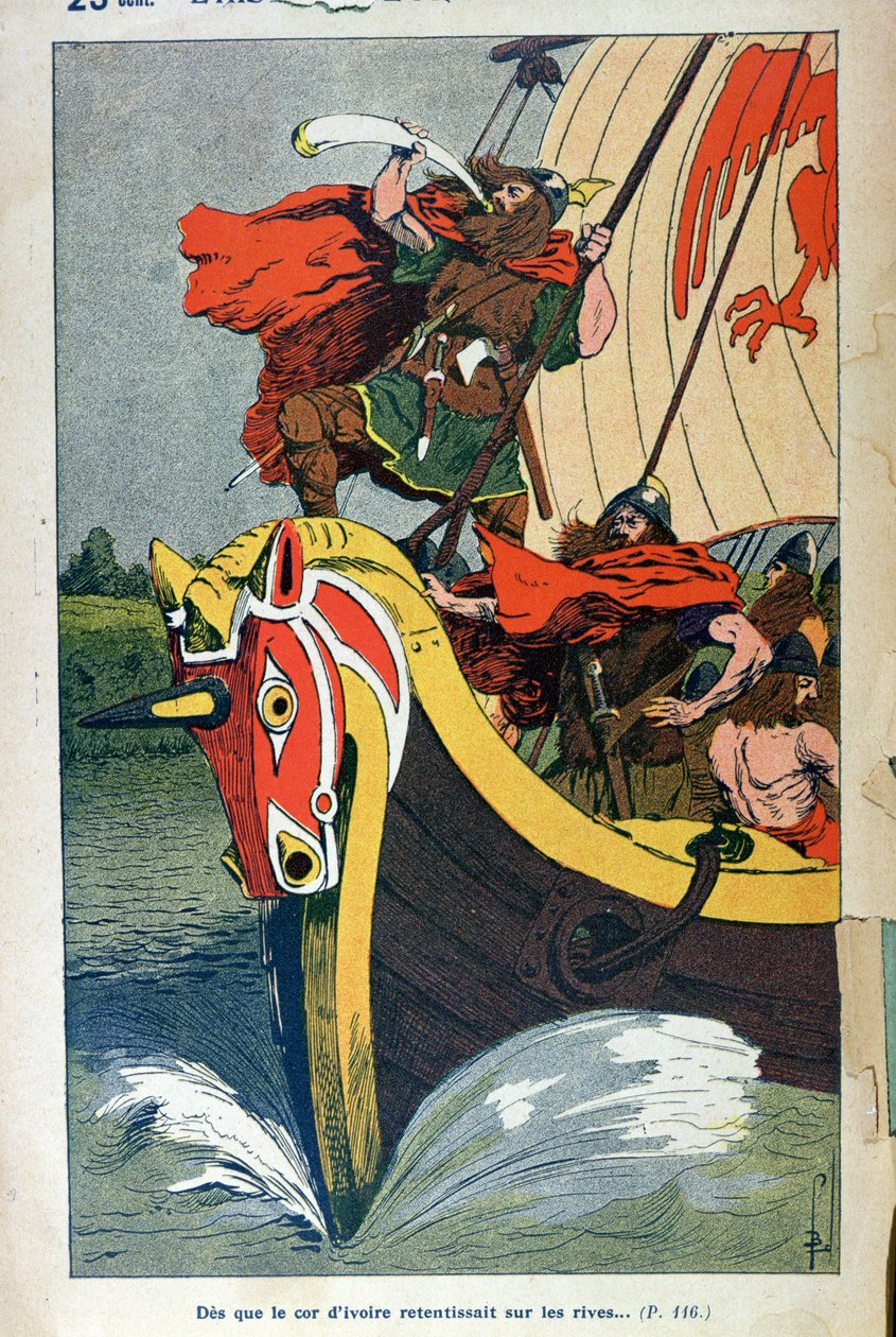 Viking soufflant dans le cor sur un drakkar approchant de la côte norvégienne, planche illustrée d