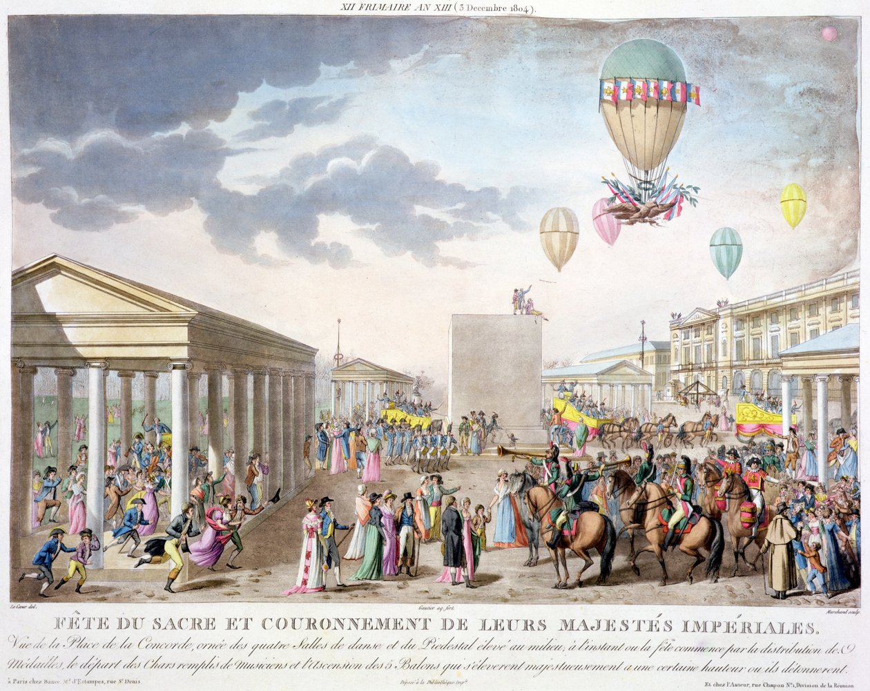 Fête sacrée et couronnement de leurs majestés impériales, vue de la Place de la Concorde, Paris, gravé par Marchand, publié en 1806 (gravure teintée à la main) - Louis Le Coeur