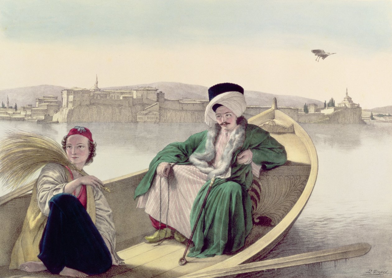 Voyage à Athènes et Constantinople : palais et forteresse de Janina, vus du lac, un Turc et un jeune Grec - Louis after Dupre