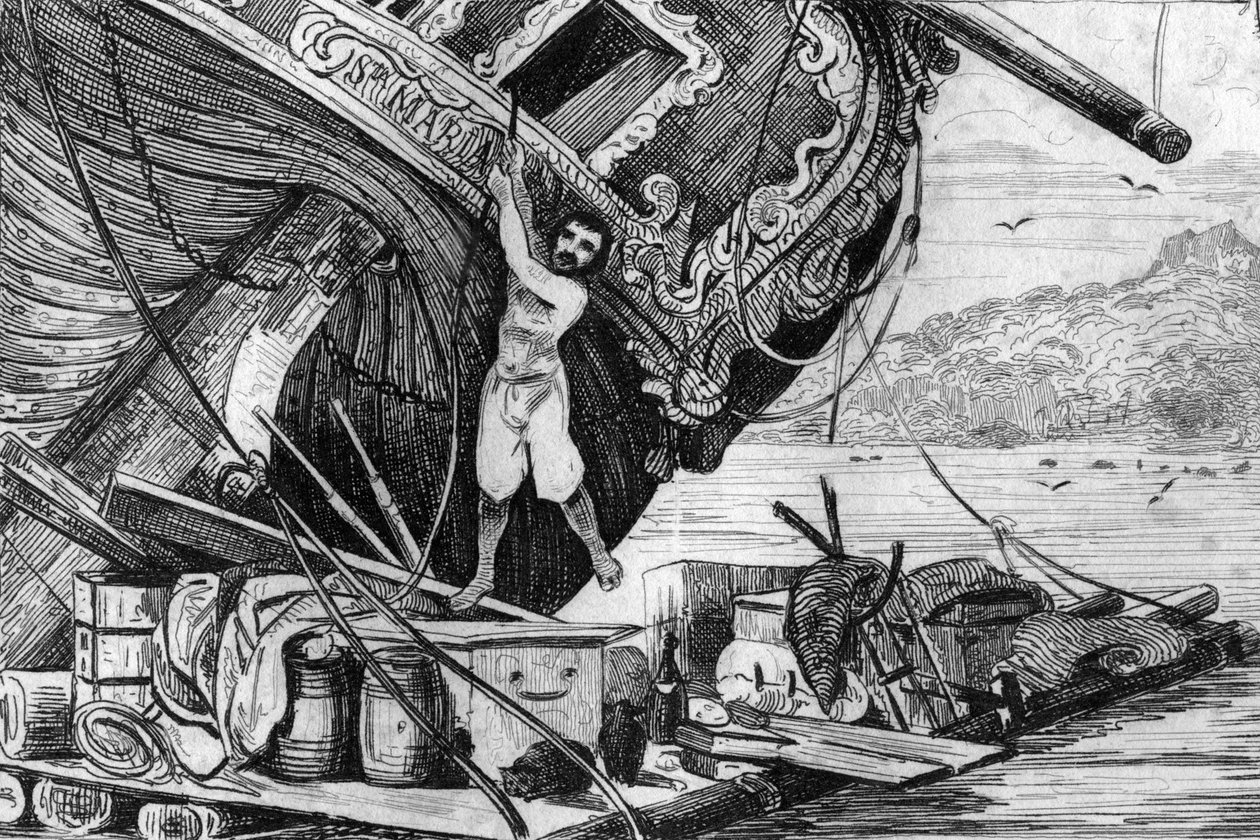 Je descendis sur mon radeau puis je me mis à la mer... gravure d