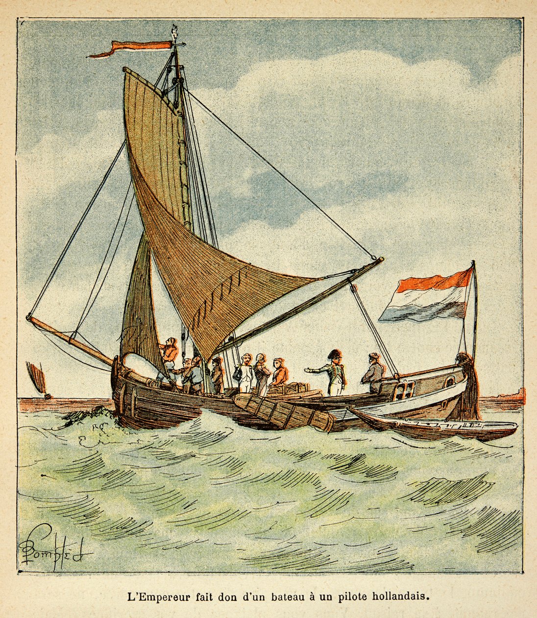 Napoléon offre un bateau à un pilote hollandais lors de sa visite en Hollande. Illustration de Bombled Louis (1862-1927) du livre « Le Mémorial de Sainte-Hélène » par le comte Emmanuel de Las Cases (1766-1842) - Louis Charles Bombled