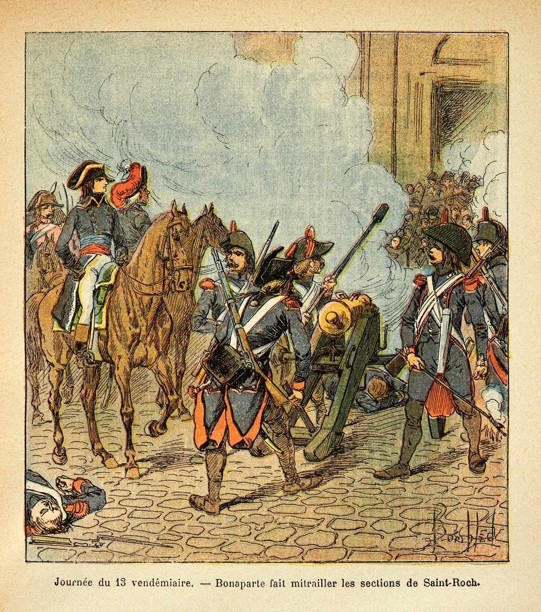 Illustration de Louis Bombled (1862-1927) du livre « Le Mémorial de Sainte-Hélène » par le comte Emmanuel de Las Cases (1766-1842) : Jour du 13 Vendémiaire, Bonaparte fait tirer les sections de Saint-Roch avec un canon - Louis Charles Bombled