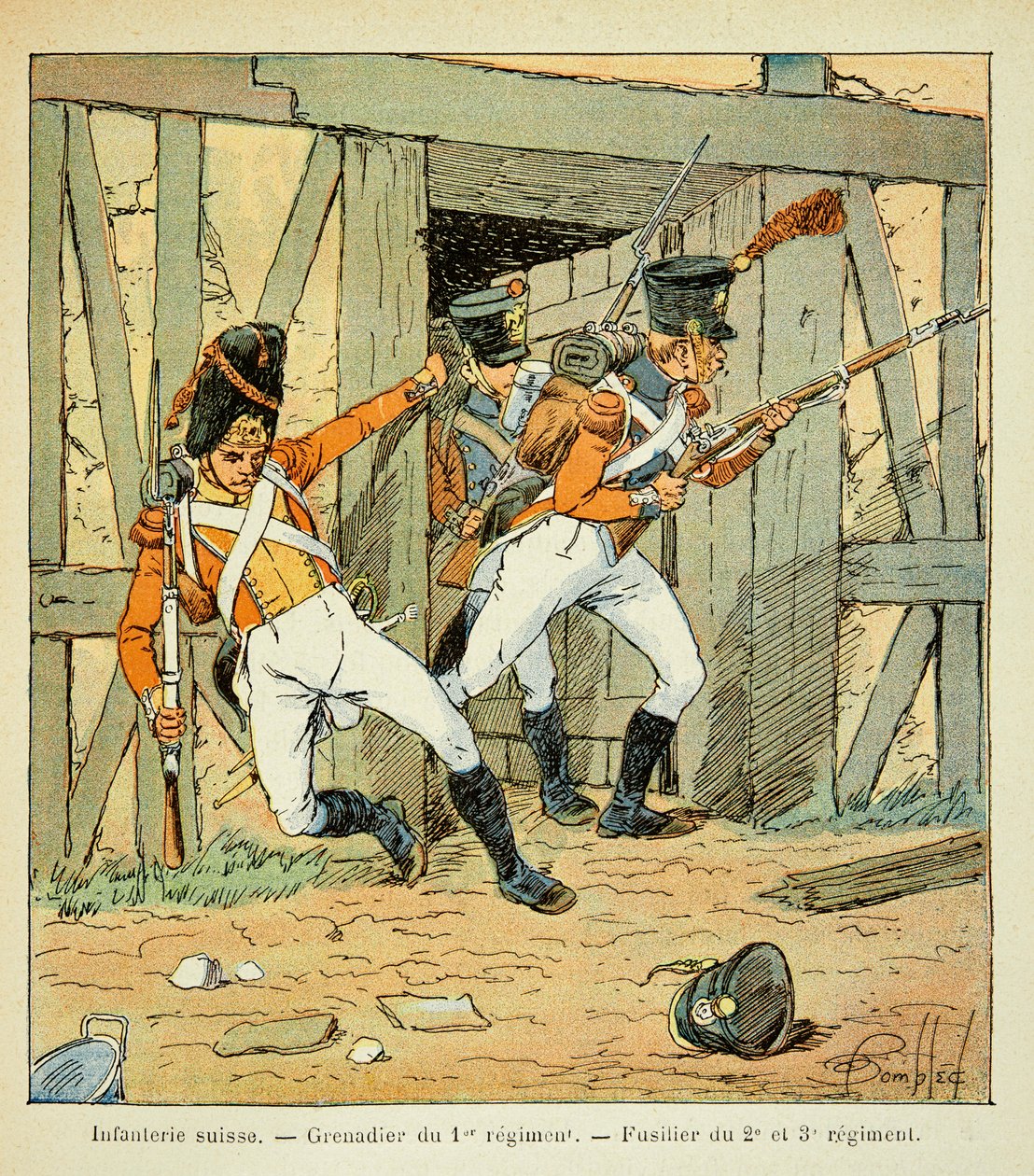 Illustration de Louis Bombled (1862-1927) du livre « Le Mémorial de Sainte-Hélène » du comte Emmanuel de Las Cases (1766-1842) : Infanterie suisse : Grenadier du 1er régiment et fusilier des 2e, 3e et 3e régiments - Louis Charles Bombled