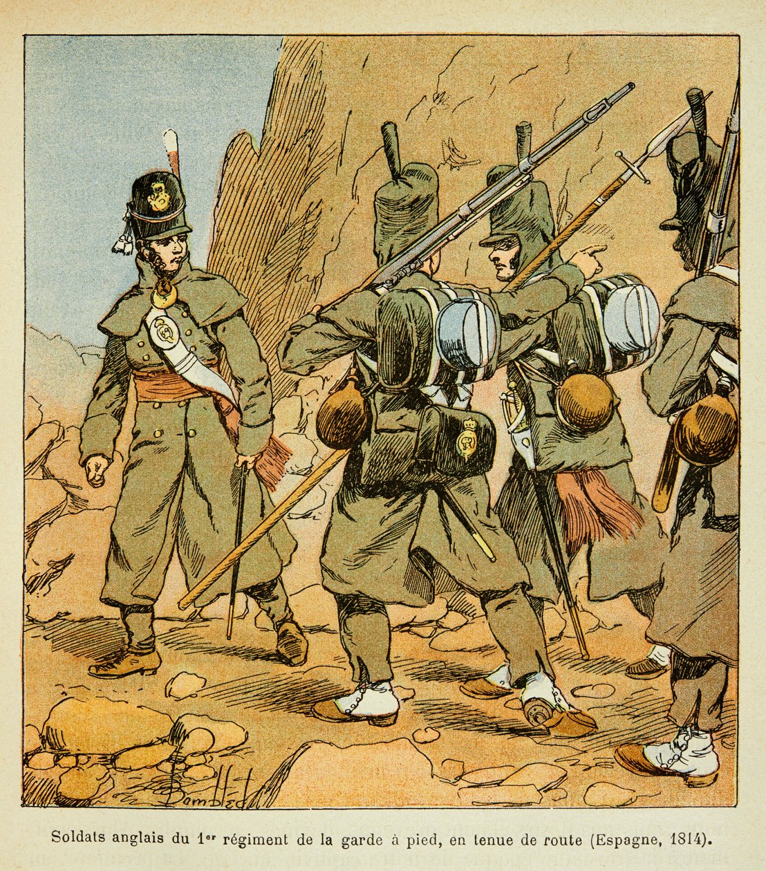 Illustration par Louis Bombled (1862-1927) tirée du livre « Le Mémorial de Sainte-Hélène » par le comte Emmanuel de Las Cases (1766-1842) : Soldats anglais du 1er Régiment de la Garde dans une halte routière (Espagne 1814), Collection privée - Louis Charles Bombled