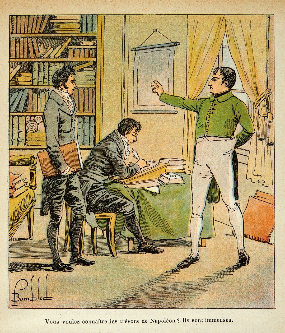 Illustration par Louis Bombled (1862-1927) tirée du livre « Le Mémorial de Sainte-Hélène » par le comte Emmanuel de Las Cases (1766-1842) : Napoléon dicte ses mémoires à Las Cases, Collection privée - Louis Charles Bombled