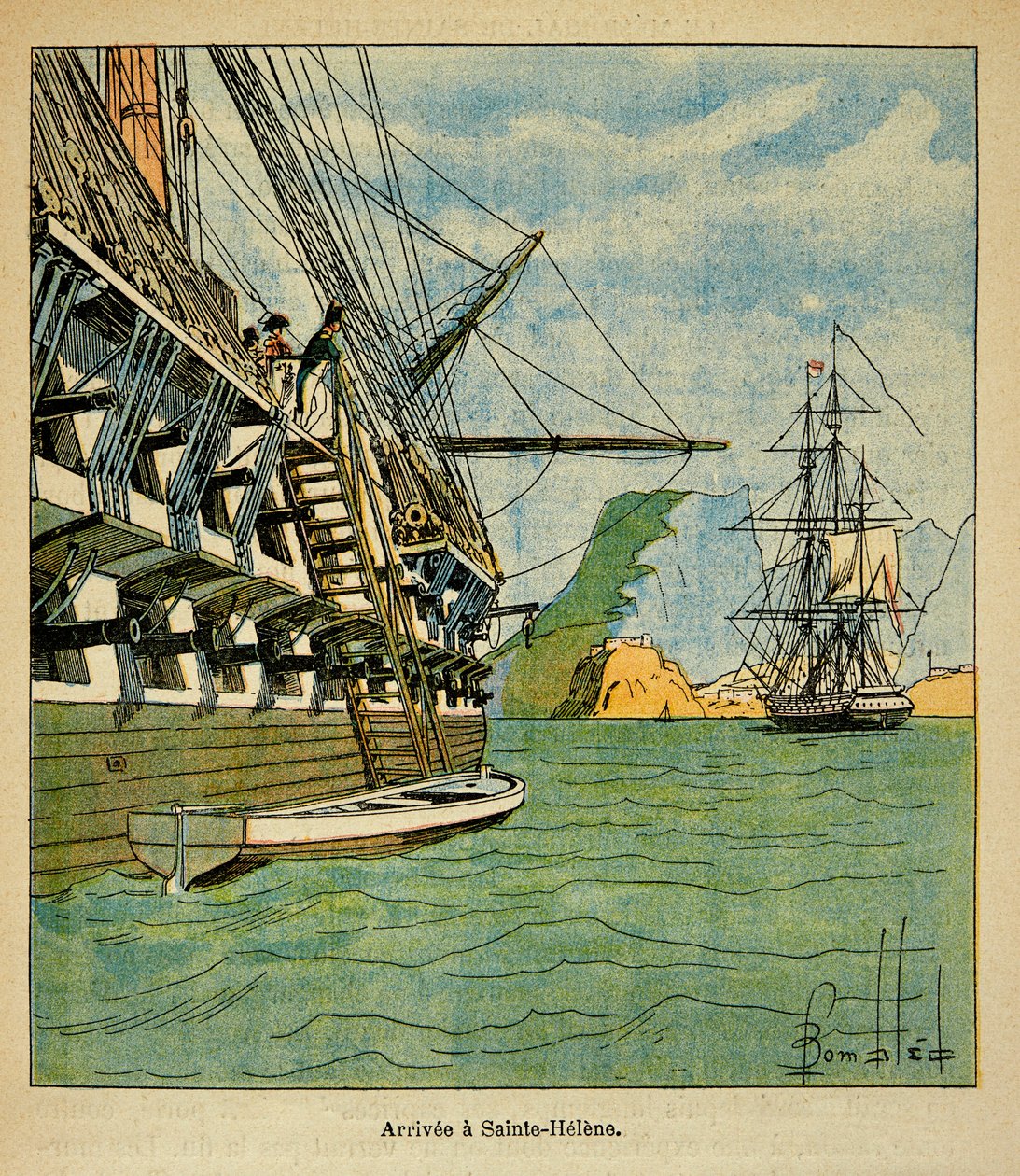 Illustration de Louis Bombled (1862-1927) du livre « Le Mémorial de Sainte-Hélène » du comte Emmanuel de Las Cases (1766-1842) : Arrivée de Napoléon à Sainte-Hélène le 15 octobre - Louis Charles Bombled