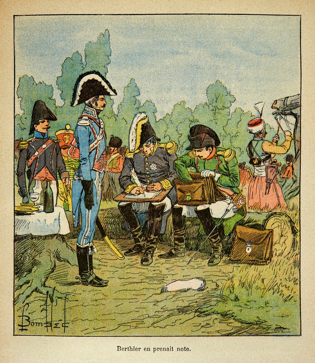 Illustration de Louis Bombled (1862-1927) du livre « Le Mémorial de Sainte-Hélène » par le comte Emmanuel de Las Cases (1766-1842) : Le maréchal Louis Alexandre Berthier (1753-1815) note les ordres de Napoléon, Collection Partielle - Louis Charles Bombled