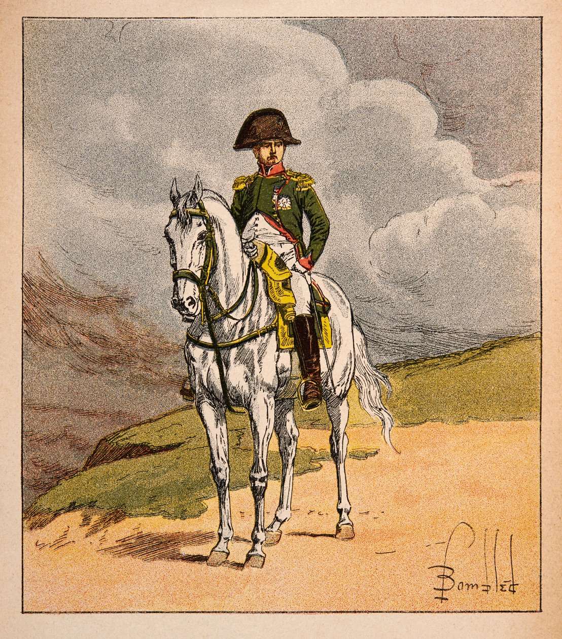 Illustration de Louis Bombled (1862-1927) du livre « Le Mémorial de Sainte-Hélène » par le comte Emmanuel de Las Cases (1766-1842) : Portrait équestre de l