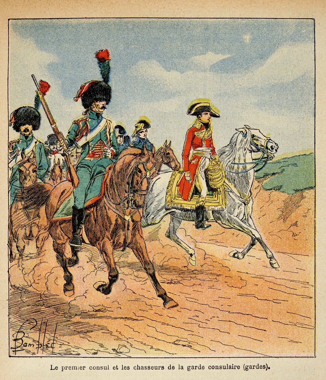 Illustration du livre « Le Mémorial de Sainte-Hélène » par le comte Emmanuel de Las Cases : Le Premier Consul et les Chasseurs de la Garde Consulaire - Louis Charles Bombled