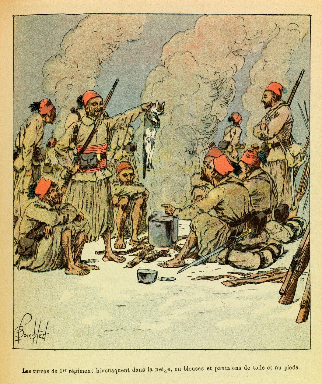 Janvier 1871, les Turcos du 1er régiment bivouaquent dans la neige, en blouses et pantalons de toile et pieds nus - Louis Charles Bombled