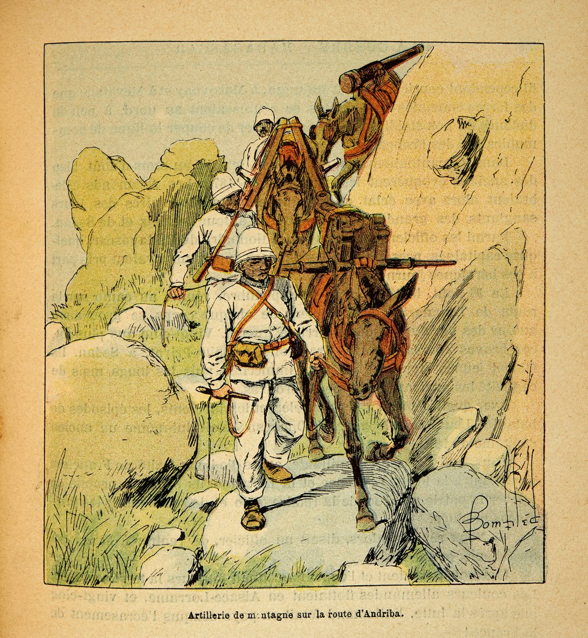 La Guerre à Madagascar-Histoire anecdotique des expéditions françaises de 1885-1895 par Henri Galli dit Galllichet, illustré par Louis Bombled : Artillerie de montagne sur la route d