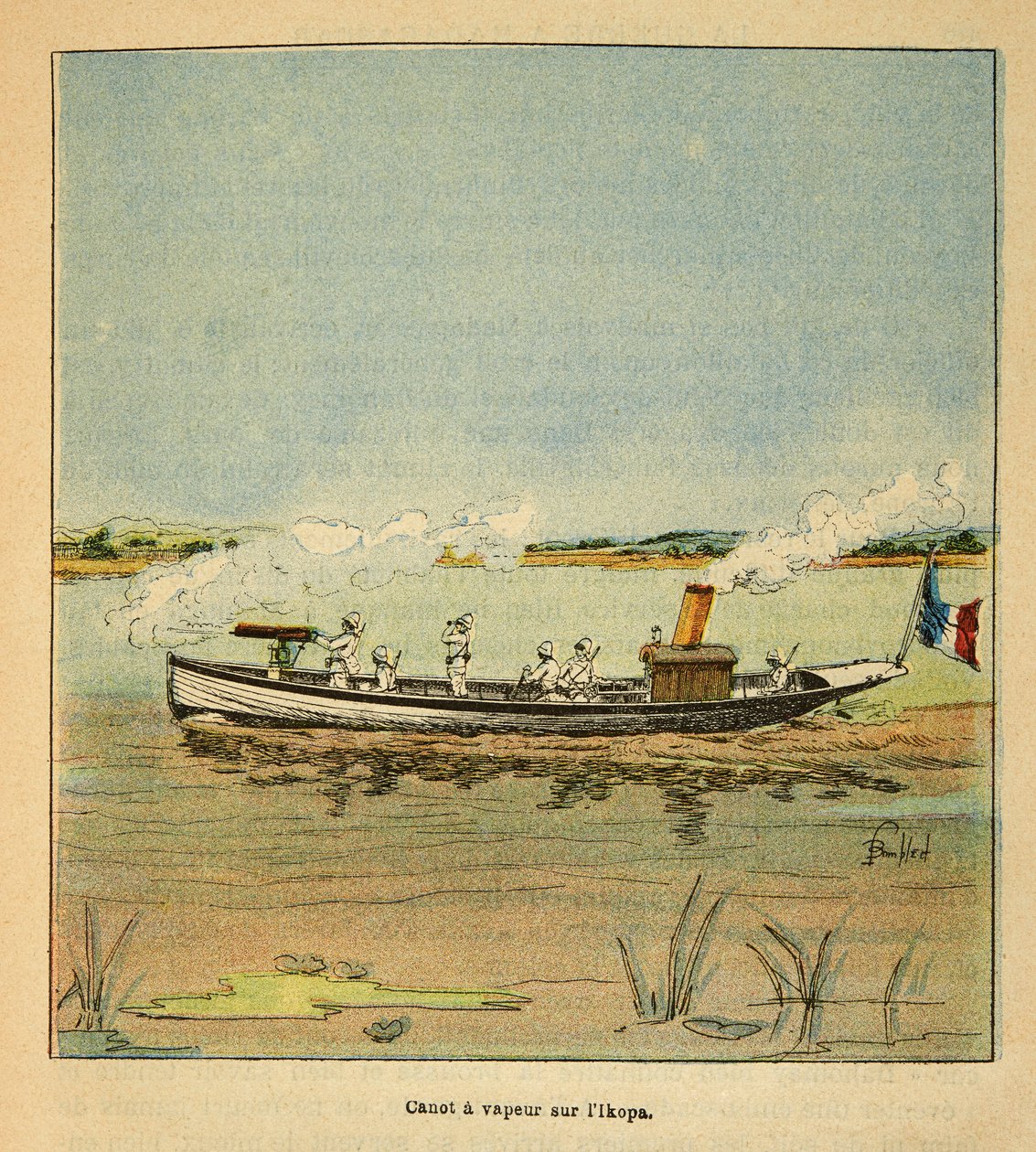 La Guerre à Madagascar-Histoire anecdotique des expéditions françaises de 1885-1895 par Henri Galli dit Galllichet, illustré par Louis Bombled : Canonnière française sur la rivière Ikopa à Madagascar en 1895 - Louis Charles Bombled
