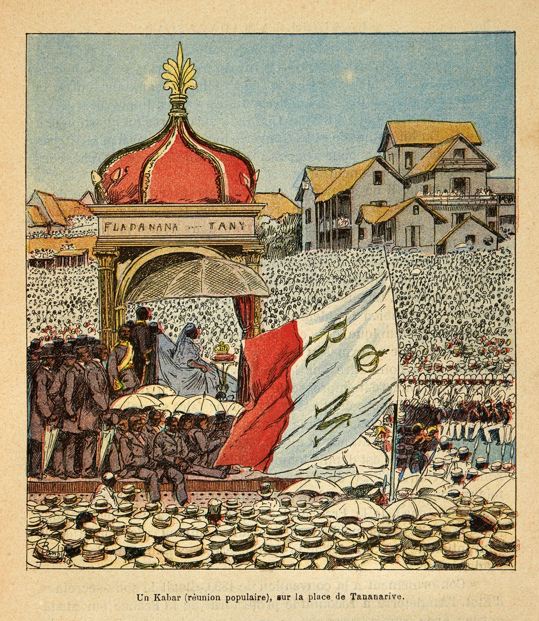 La Guerre à Madagascar - Histoire anecdotique des expéditions françaises de 1885-1895 par Henri Galli dit Galllichet, illustrée par Louis Bombled : Un Kabar (réunion populaire) sur la place de Tananarive au XIXe siècle en présence du Qu - Louis Charles Bombled