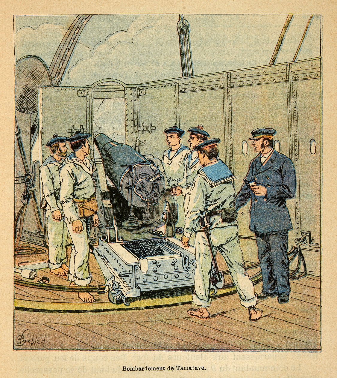 La Guerre à Madagascar-Histoire anecdotique des expéditions françaises de 1885-1895 par Henri Galli dit Galllichet (1854-1922), illustrée par Louis Bombled (1862-1927) : Bombardement de Tamatave par la marine française, Collection privée - Louis Charles Bombled