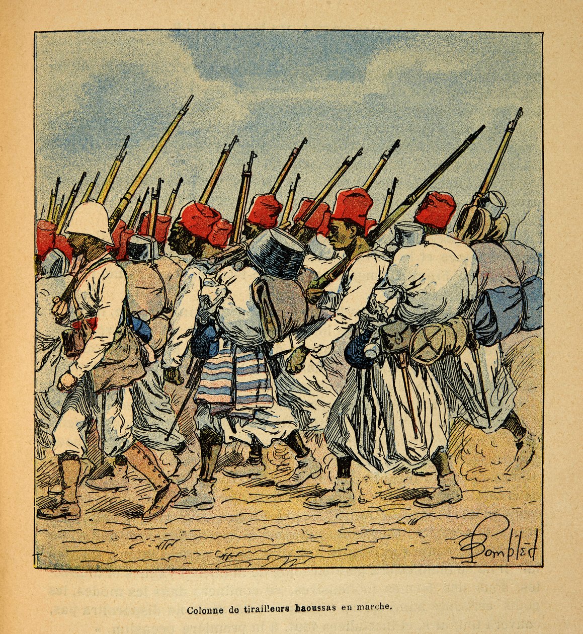 La guerre à Madagascar - Histoire anecdotique des expéditions françaises de 1885-1895 par Henri Galli dit Gallichet (1854-1922), illustrée par Louis Bombled (1862-1927) : Colonne de tirailleurs haoussas marchant en 1895 - Louis Charles Bombled