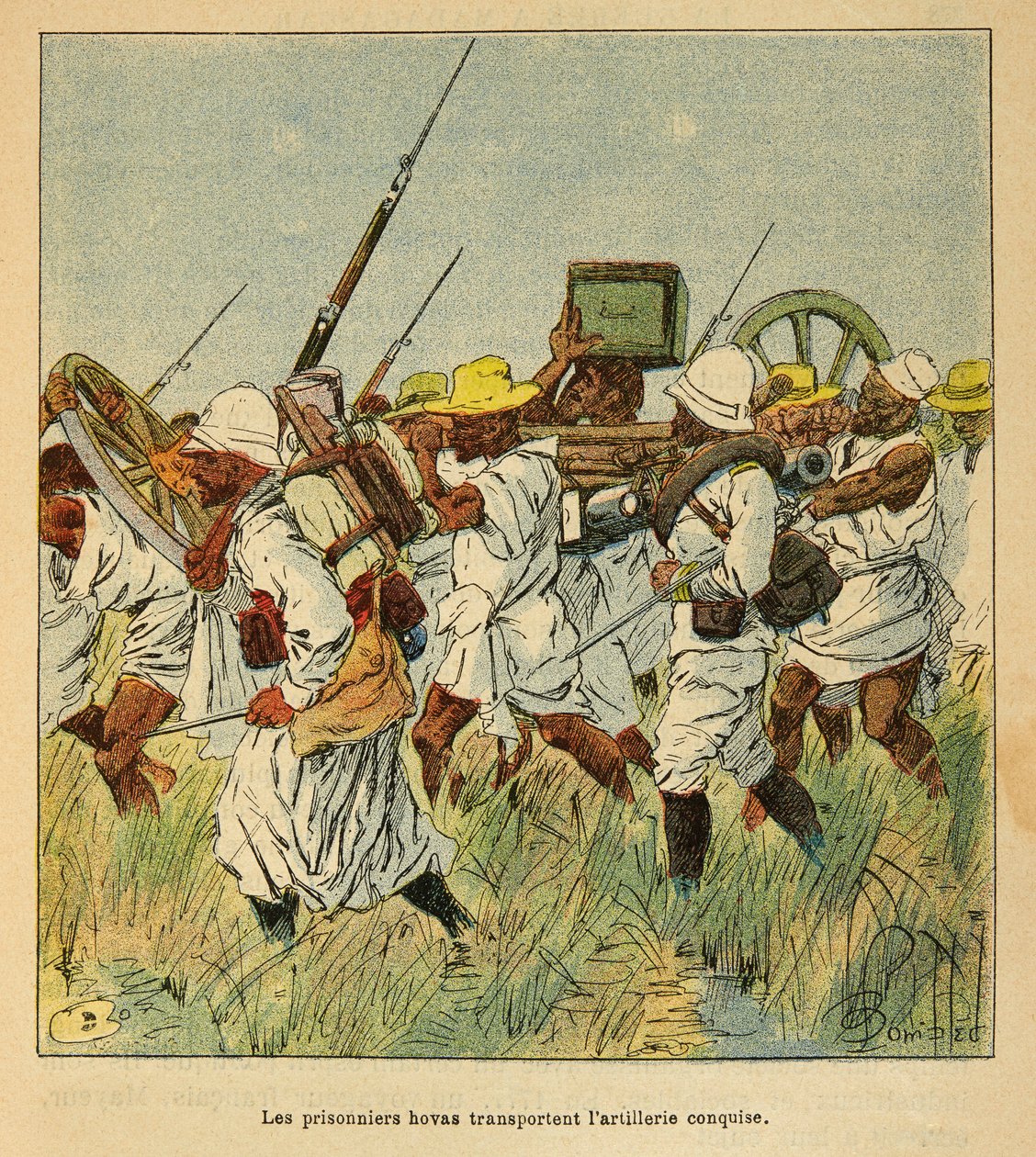 La guerre à Madagascar - Histoire anecdotique des expéditions françaises de 1885-1895 par Henri Galli dit Gallichet (1854-1922), illustrée par Louis Bombled (1862-1927) : Prisonniers hovas utilisés pour transporter des pièces d