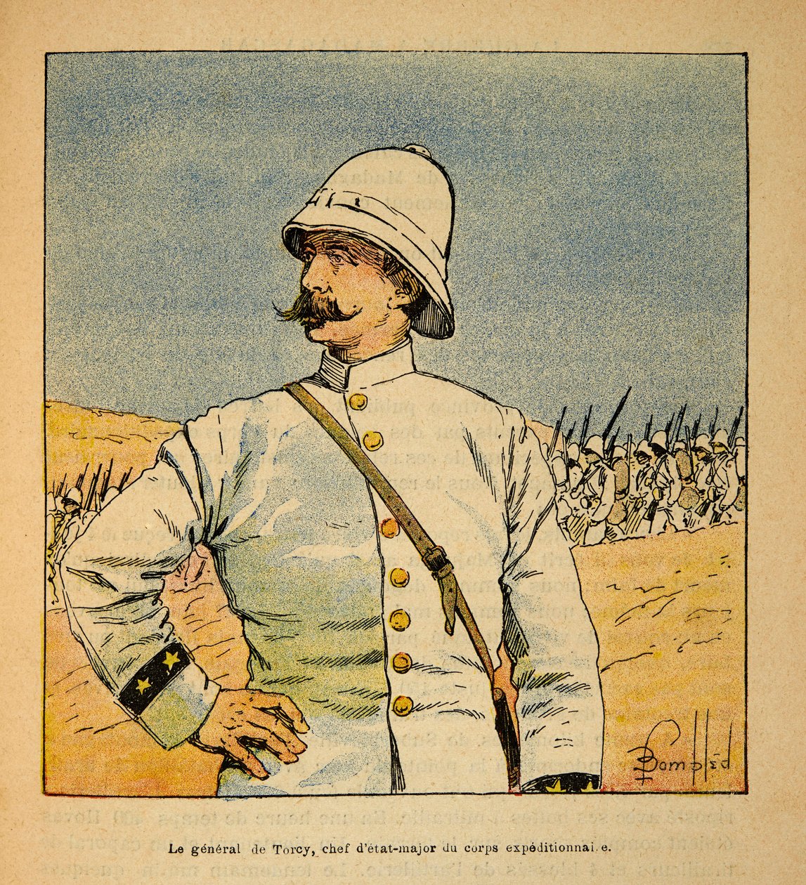 La Guerre à Madagascar - Histoire anecdotique des expéditions françaises de 1885-1895 par Henri Galli dit Gallichet (1854-1922), illustrée par Louis Bombled (1862-1927) : Portrait du général De Torcy (1844-1918), chef d