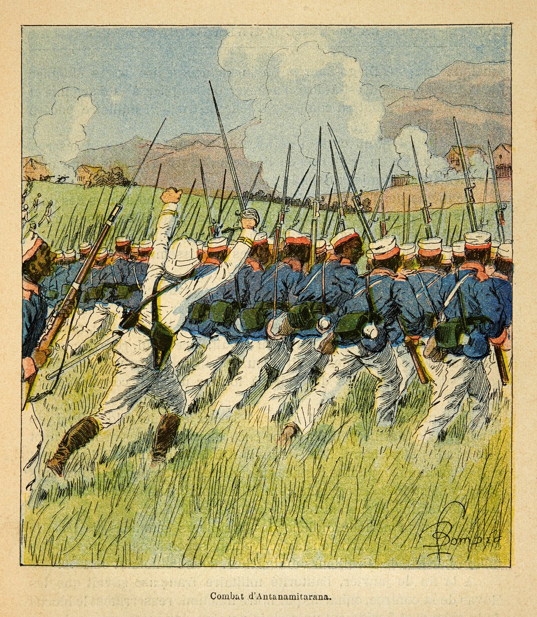 La guerre à Madagascar - Histoire anecdotique des expéditions françaises de 1885-1895 par Henri Galli dit Galllichet, illustrée par Louis Bombled : Troupes françaises pendant les batailles d