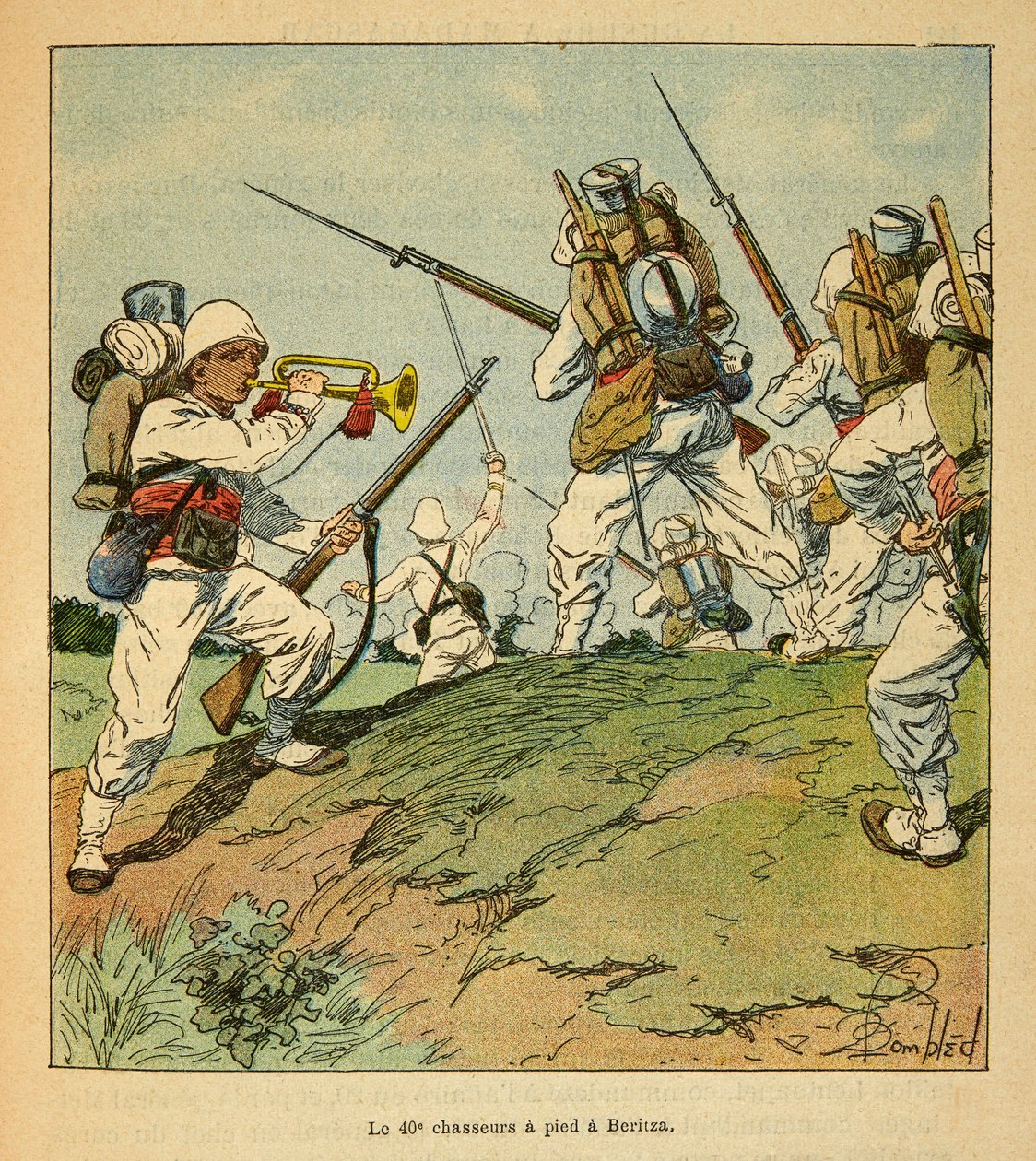 La Guerre à Madagascar - Histoire anecdotique des expéditions françaises de 1885-1895 par Henri Galli dit Gallichet (1854-1922), illustrée par Louis Bombled (1862-1927) : Les 40ème chasseurs à pied pendant les combats à Beritza en 1895, Collection privée - Louis Charles Bombled