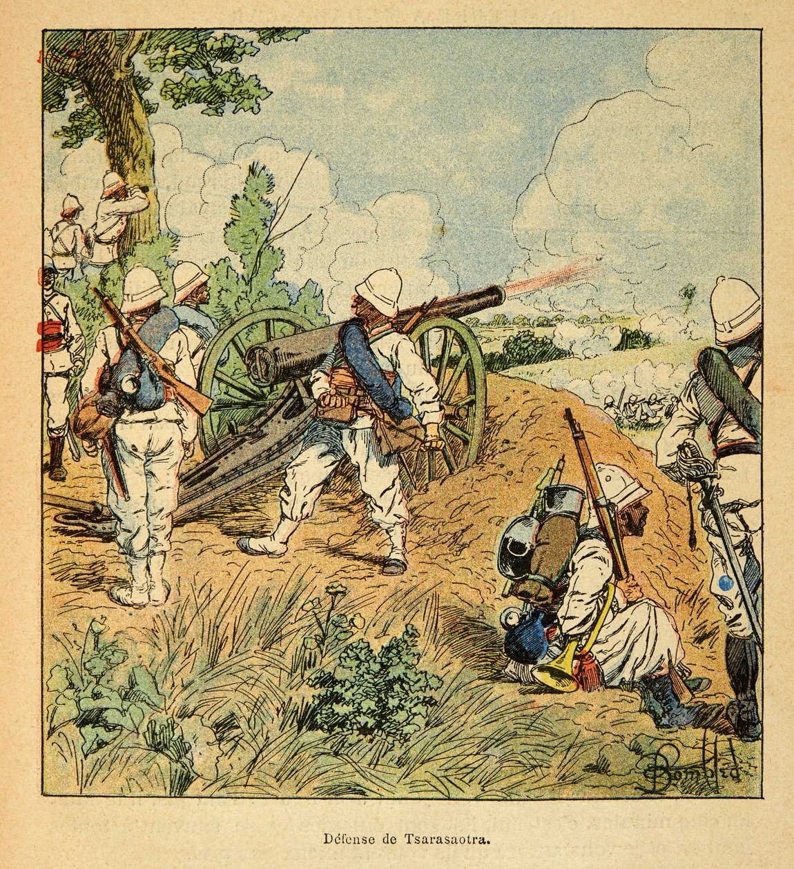 La Guerre à Madagascar - Histoire anecdotique des expéditions françaises de 1885-1895 par Henri Galli dit Gallichet (1854-1922), illustrée par Louis Bombled (1862-1927) : Défense de Tsarasaotra en 1895, Collection privée - Louis Charles Bombled