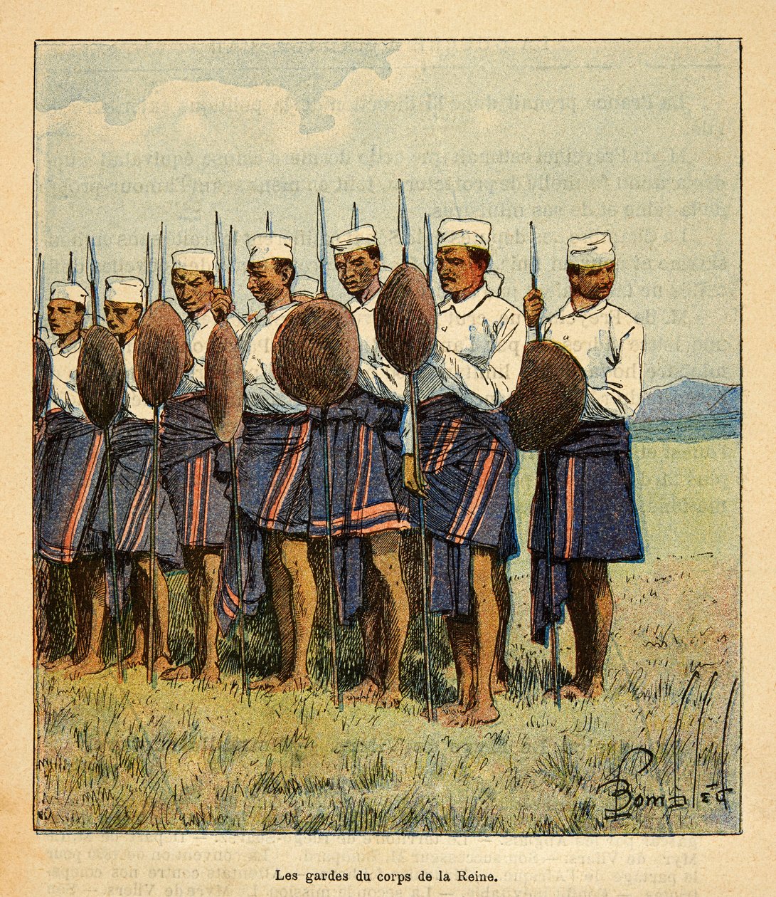 La Guerre à Madagascar - Histoire anecdotique des expéditions françaises de 1885-1895 par Henri Galli dit Gallichet (1854-1922), illustrée par Louis Bombled (1862-1927) : Gardes de la reine Ranavalona, Collection privée - Louis Charles Bombled