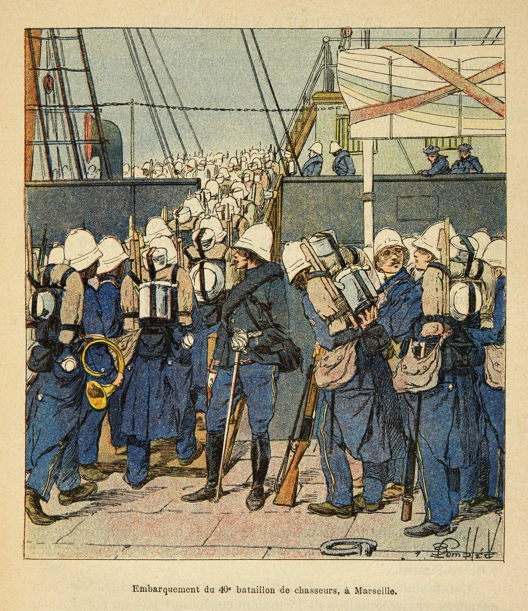 La Guerre à Madagascar - Histoire anecdotique des expéditions françaises de 1885-1895 par Henri Galli dit Galllichet, illustrée par Louis Bombled : Embarquement du 40e bataillon de chasseurs à Marseille pour Madagascar en 1895 - Louis Charles Bombled