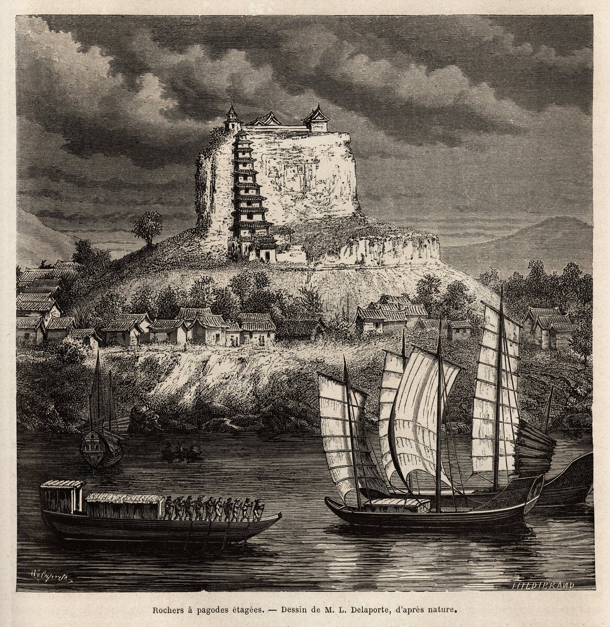 Un rocher avec des pagodes et divers bateaux sur la rivière bleue (Chine), gravure d