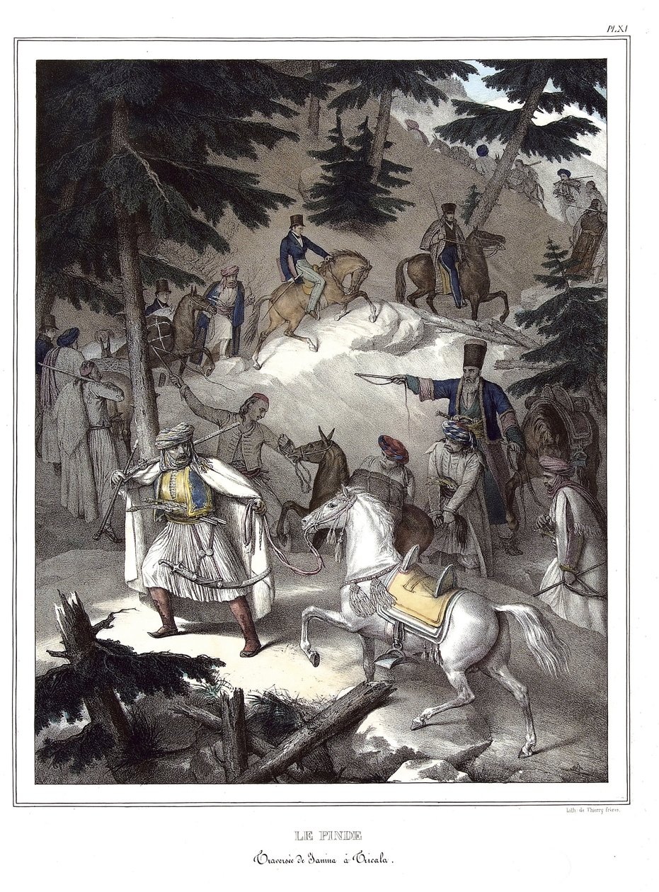 Le Pinde, traversée de Janina à Tricala. dans "Voyage à Athènes et Constantinople, ou collection de portraits grecs et ottomans, vues et costumes, peints sur place ou d