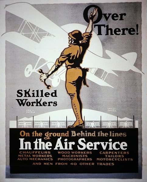 Travailleurs qualifiés au sol derrière les lignes dans le service aérien, affiche de recrutement de la Première Guerre mondiale - Louis Fancher