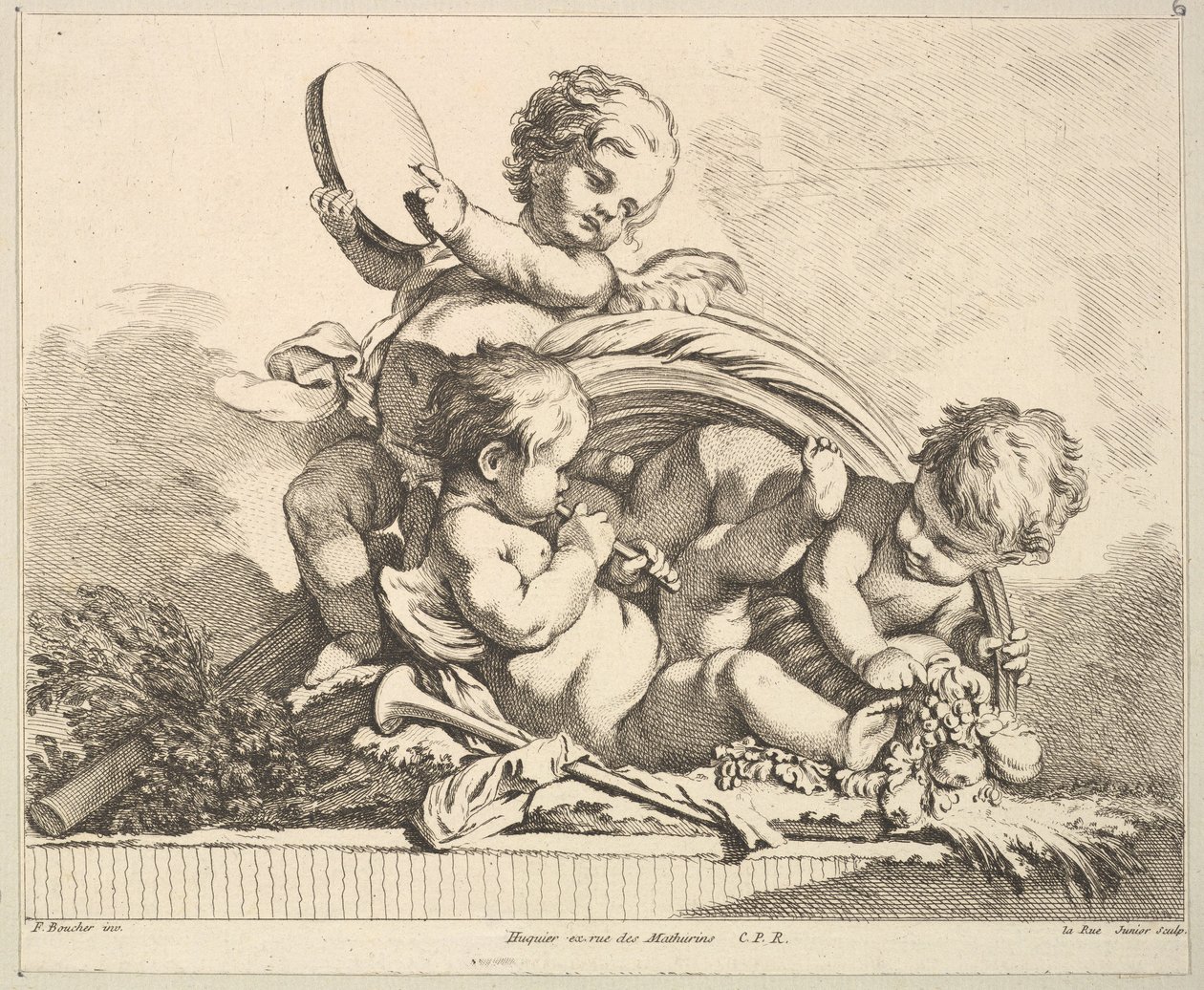 Trois cupidons, deux jouant de la musique, un tenant des feuilles de palmier - Louis Felix de la Rue