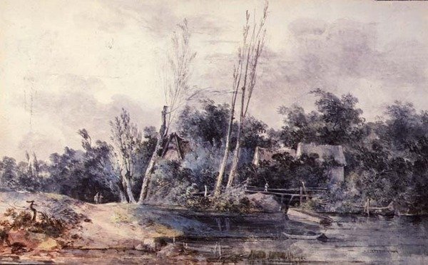 Cottages et saules près d