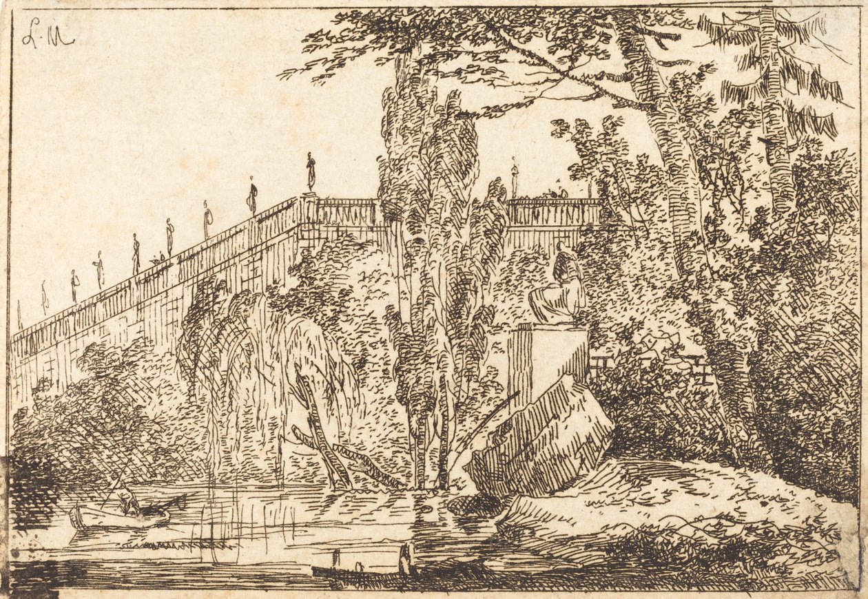 Parc avec terrasse et balustrade avec statues - Louis Gabriel Moreau the Elder