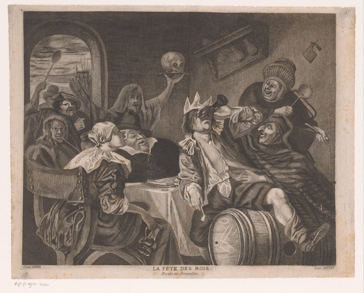 Groupe festif avec un homme buvant avec une couronne (La fête des rois) - Louis Jaugey