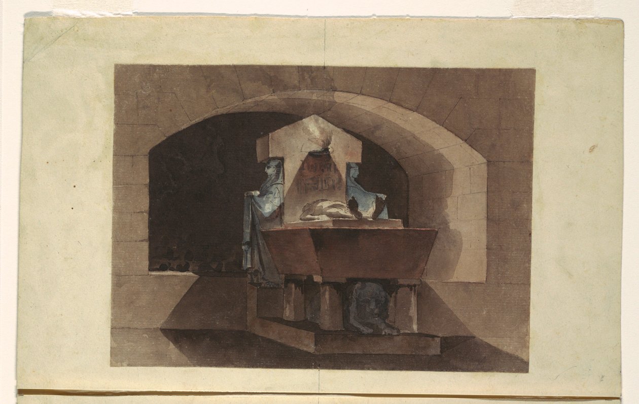 Dessin, Sépulcre de style égyptien avec cariatides et lion, vers 1779-84 - Louis Jean Desprez