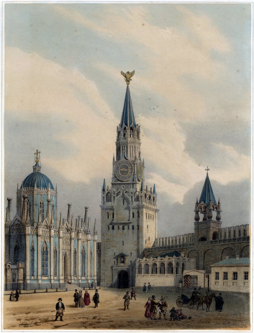 Vue de la Tour du Saint-Sauveur (ou la Tour Spasskaia) et sur la place rouge, Kremlin, Moscou (Lithographie de Louis Jules Arnout) - Louis Jules Arnout