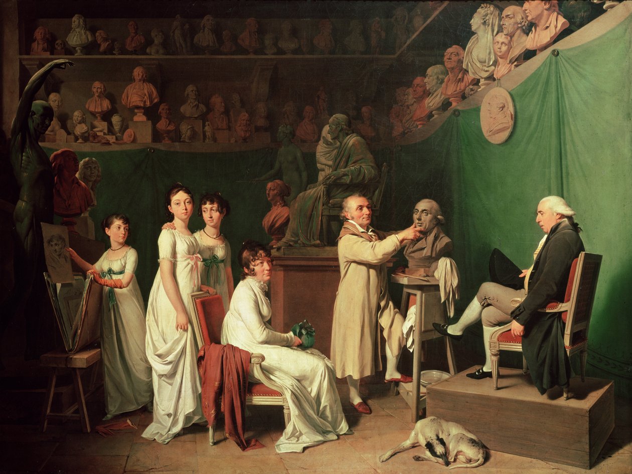 Jean Antoine Houdon (1741-1828) sculptant le buste de Pierre Simon (1749-1827) Marquis de Laplace en présence de sa femme et de ses filles, 1804 - Louis Leopold Boilly
