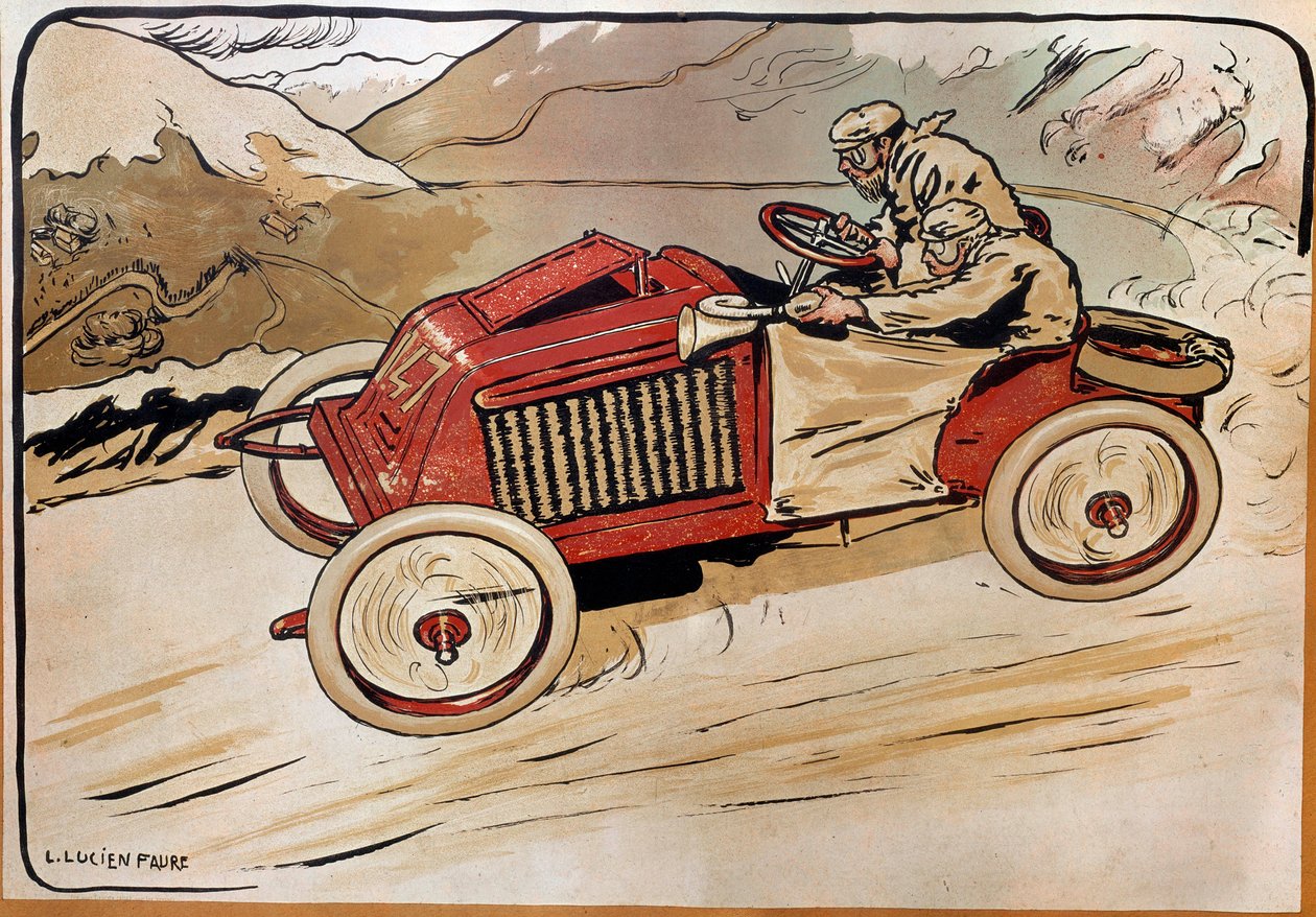 Automobile : une voiture de course. Marcel Renault (1872-1903) et René Vauthier traversant les Alpes lors de la course PARIS-VIENNE en 1902 dans la voiture 147. Lithographie de Louis Lucien Faure Dujarric (1872-?), 20e siècle. Conservatoire national des Ar - Louis Lucien Faure Dujarric