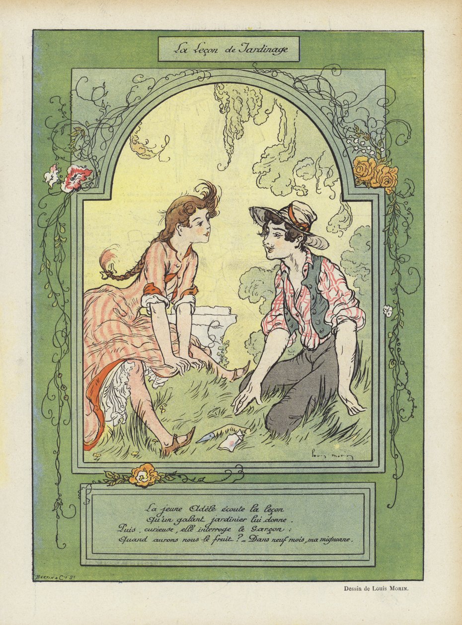 La leçon de jardinage. Illustration pour Le Rire (lithographie couleur) - Louis Morin