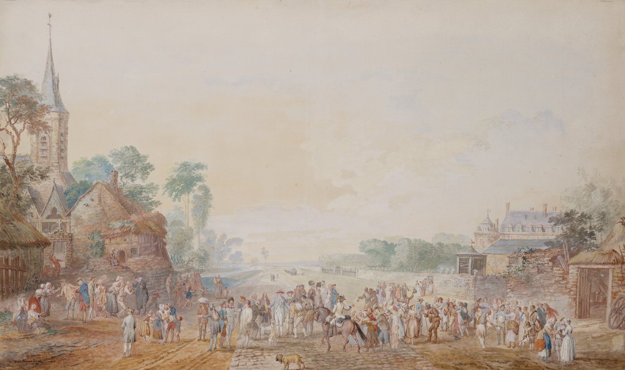 Le duc de Penthièvre avec Benjamin Franklin à sa droite assistant à une revue de son régiment de volontaires à côté de son château à Rambouillet - Louis Nicolas van Blarenberghe